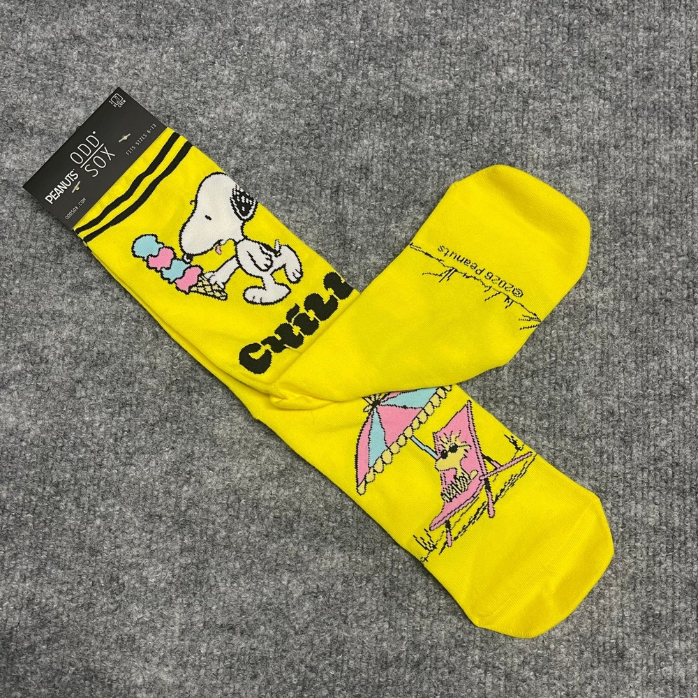 Odd Sox Peanuts Snoopy Woodstock Chill Yellow Crew Socks Mens Size 6-13 NEW‎